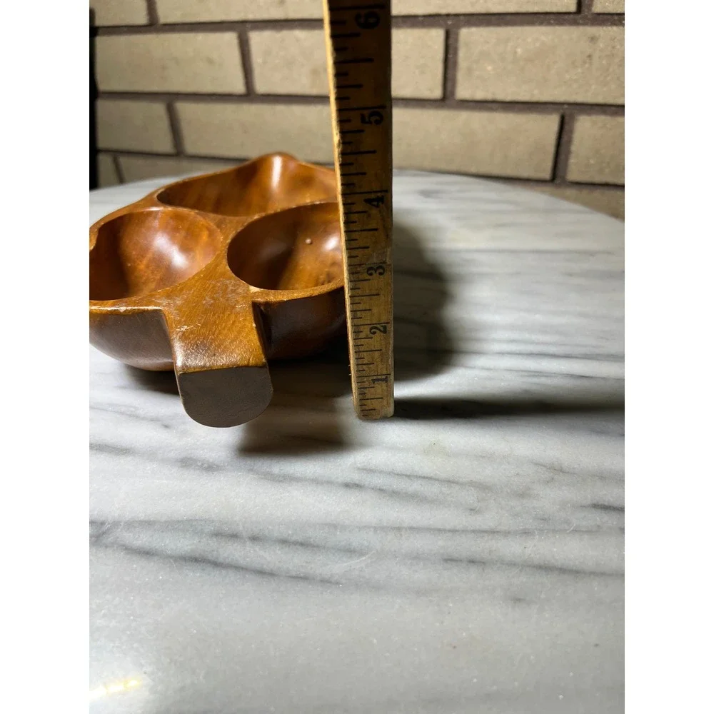 Vintage Hand Carved Wooden Leaf Serving Tray Divided 3 Section Nut Dish Brown